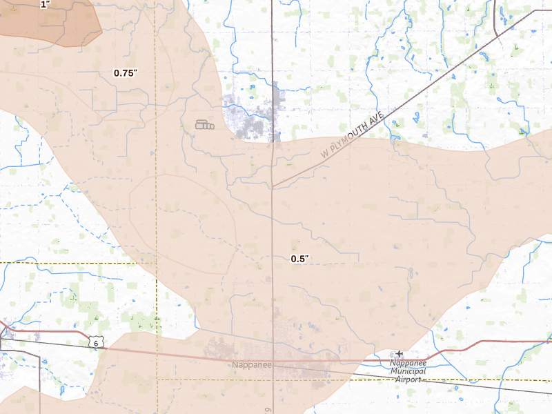 Radar-estimated hail-size map of the storm over Nappanee, IN on Aug 10, 2026