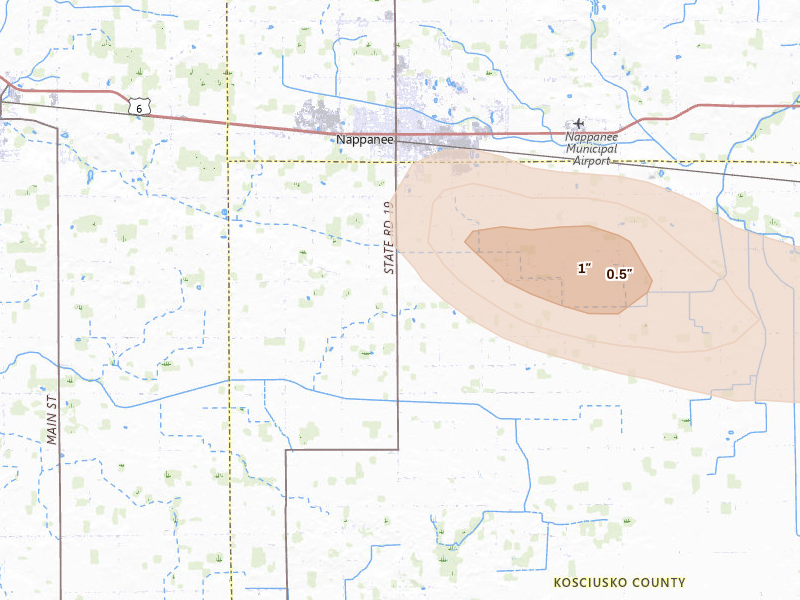 Radar-estimated hail-size map of the storm over Nappanee, IN on Aug 26, 2026
