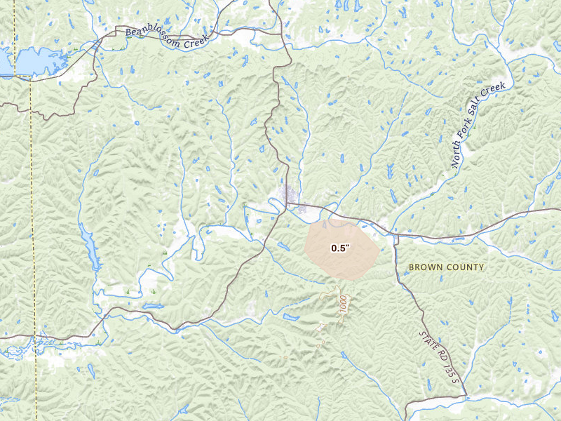 Radar-estimated hail-size map of the storm over Nashville, IN on Jul 17, 2026