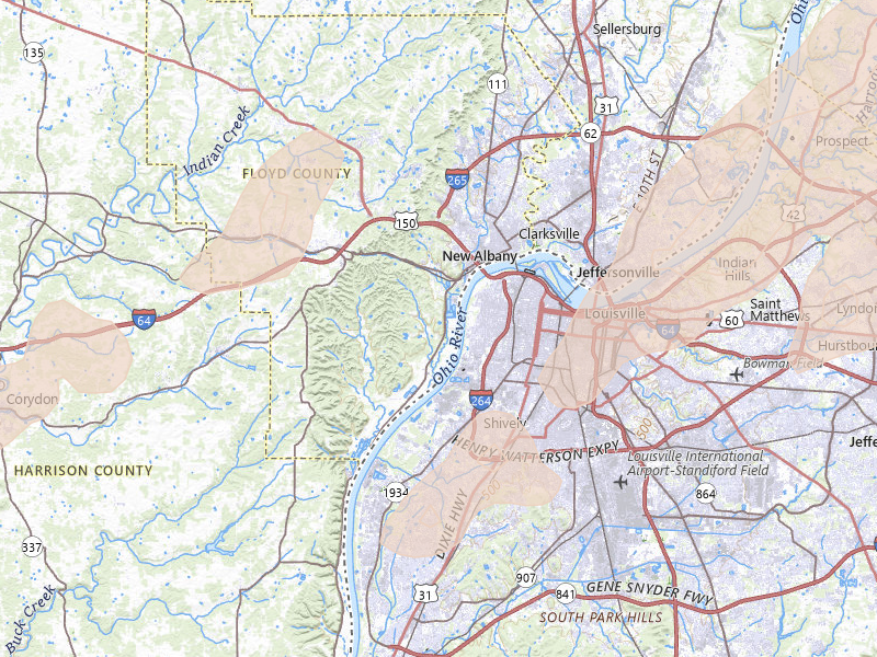 Radar-estimated hail-size map of the storm over New Albany, IN on May 16, 2026