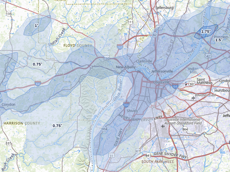 NEXRAD radar-signature map of the hail storm over New Albany, IN on May 16, 2026
