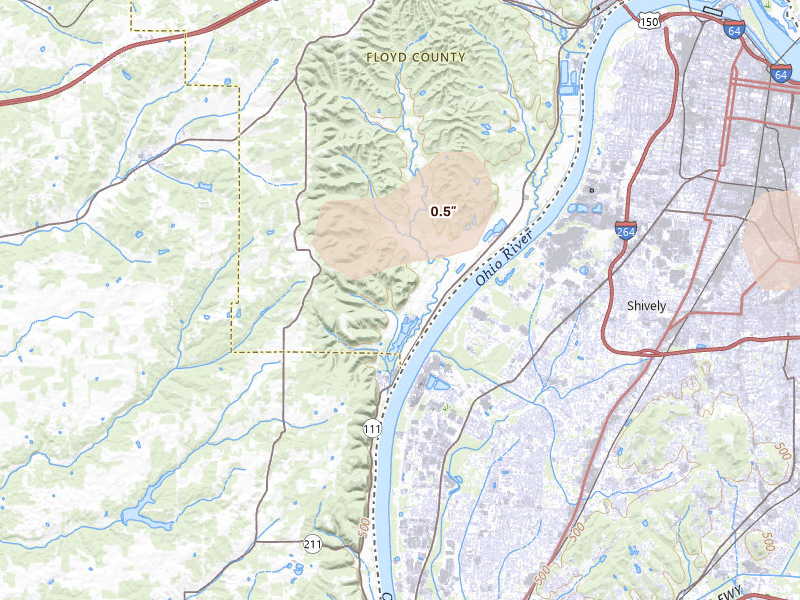 Radar-estimated hail-size map of the storm over New Albany, IN on Jul 8, 2026