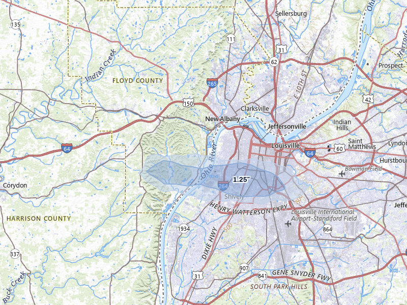 NEXRAD radar-signature map of the hail storm over New Albany, IN on Jul 8, 2026