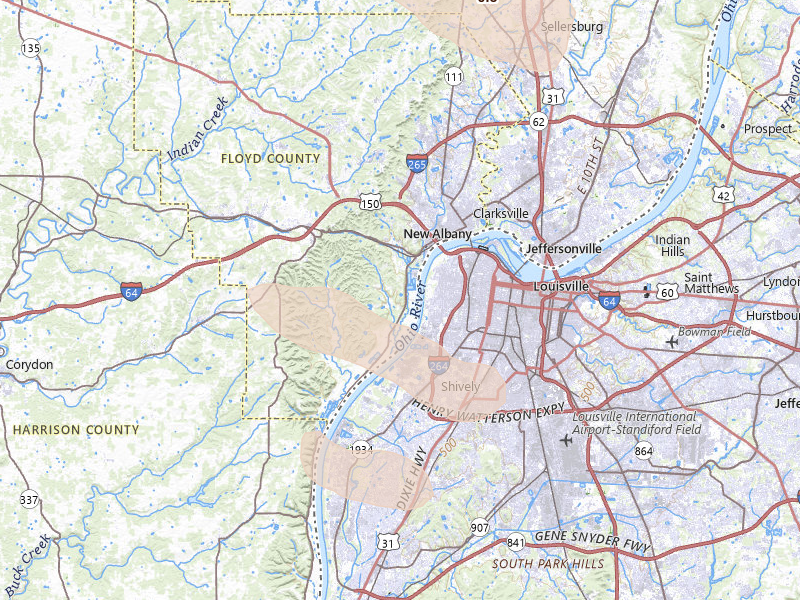 Radar-estimated hail-size map of the storm over New Albany, IN on Jul 21, 2026