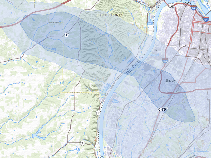 NEXRAD radar-signature map of the hail over New Albany, IN