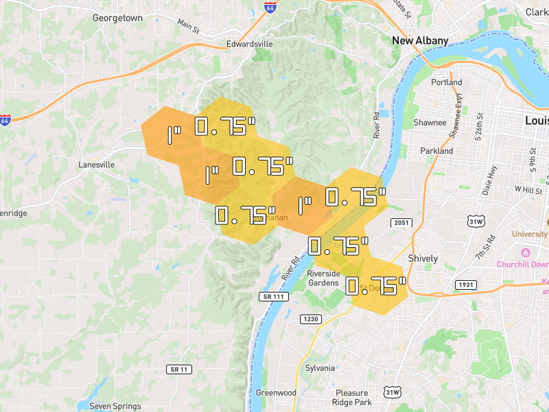 Hail map of New Albany, IN on Jul 21, 2026, hail up to 1"