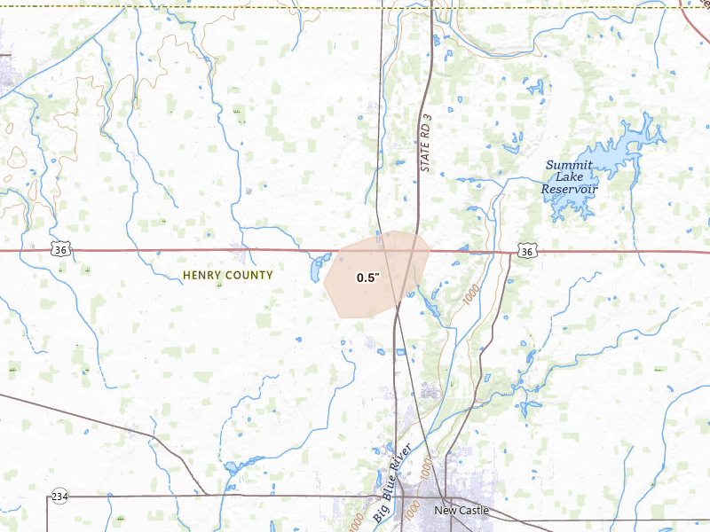 Radar-estimated hail-size map of the storm over New Castle, IN on Jul 3, 2026