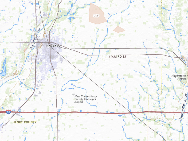 Radar-estimated hail-size map of the storm over New Castle, IN on Aug 13, 2026