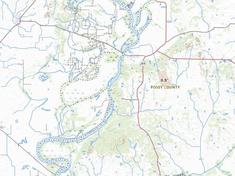 Radar-estimated hail-size map of the storm over New Harmony, IN on Jul 11, 2026