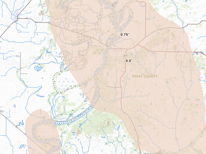 Radar-estimated hail-size map of the storm over New Harmony, IN on Jul 26, 2026