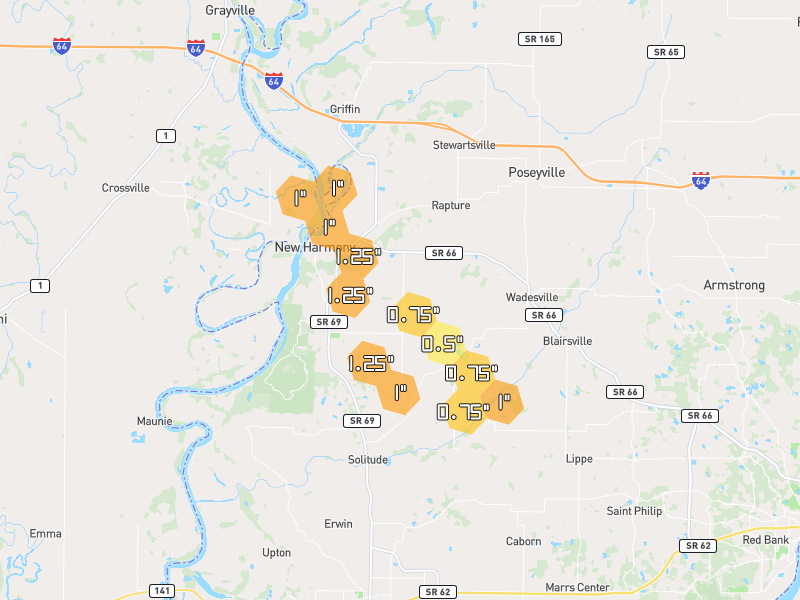 Hail map of New Harmony, IN on Jul 26, 2026, hail up to 1.25"