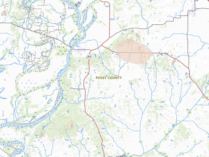 Radar-estimated hail-size map of the storm over New Harmony, IN on Aug 16, 2026