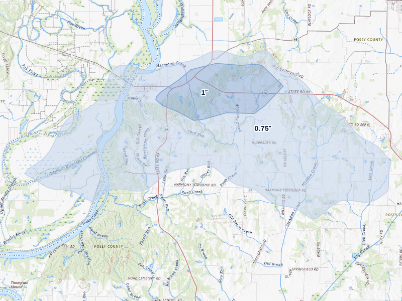 NEXRAD radar-signature map of the hail storm over New Harmony, IN on Aug 16, 2026