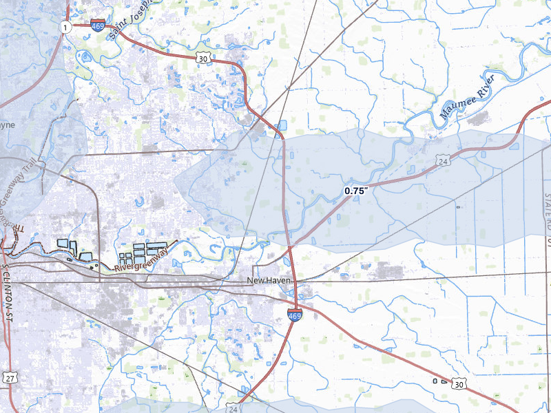 NEXRAD radar-signature map of the hail over New Haven, IN