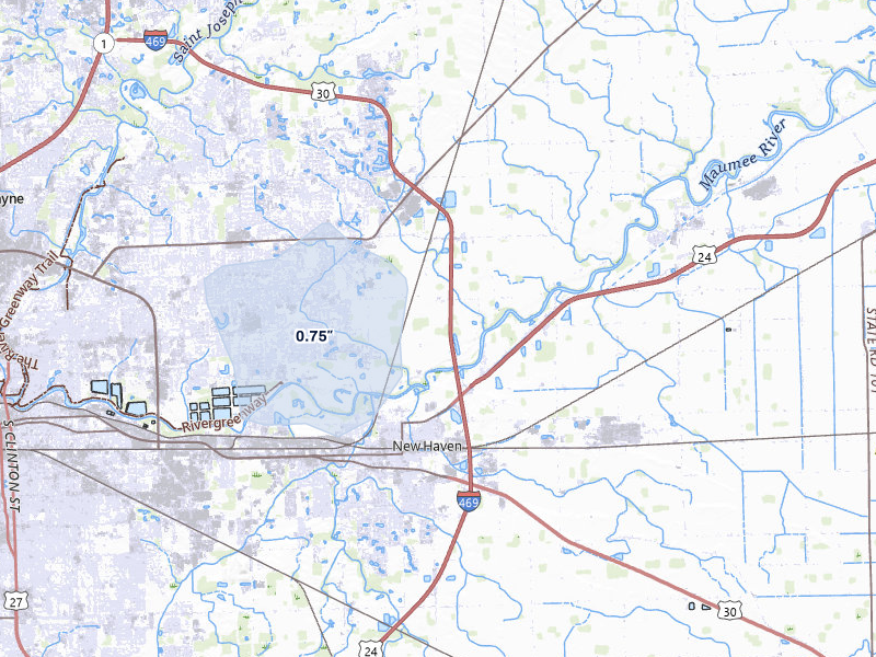 NEXRAD radar-signature map of the hail over New Haven, IN