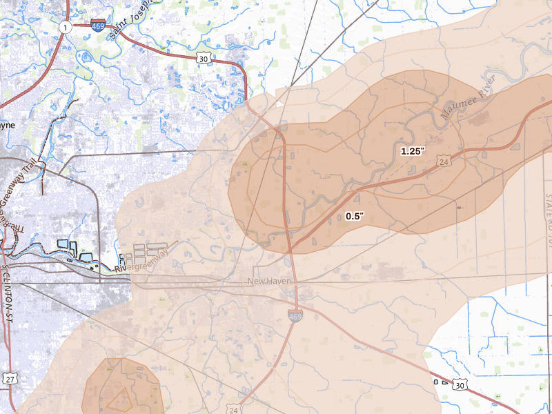 Radar-estimated hail-size map of the storm over New Haven, IN on Aug 9, 2026