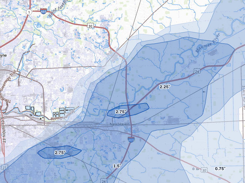 NEXRAD radar-signature map of the hail storm over New Haven, IN on Aug 9, 2026