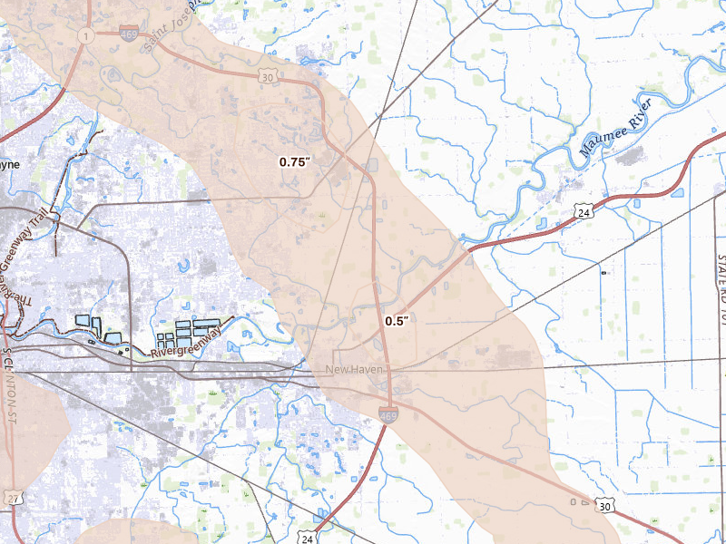 Radar-estimated hail-size map of the storm over New Haven, IN