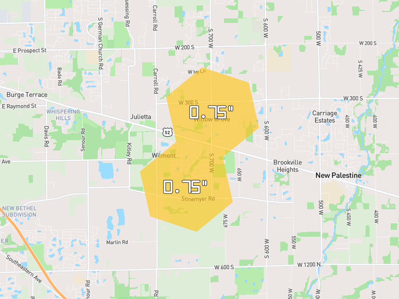 Hail map of New Palestine, IN on Jul 5, 2026, hail up to 0.75"