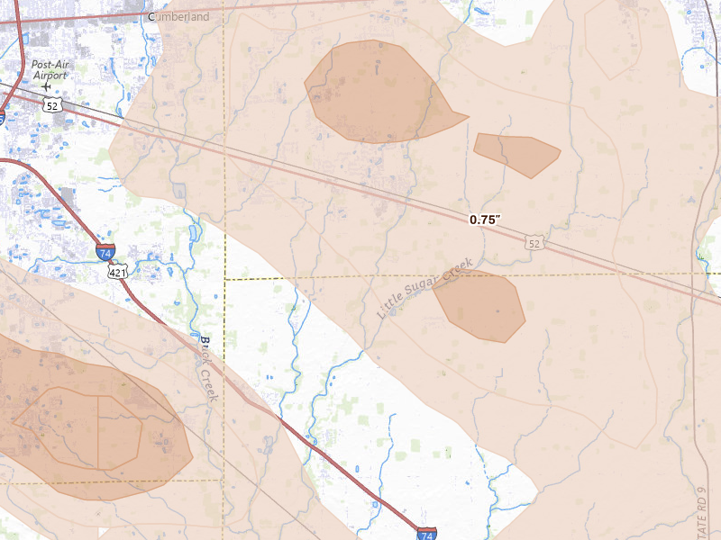 Radar-estimated hail-size map of the storm over New Palestine, IN on Aug 11, 2026