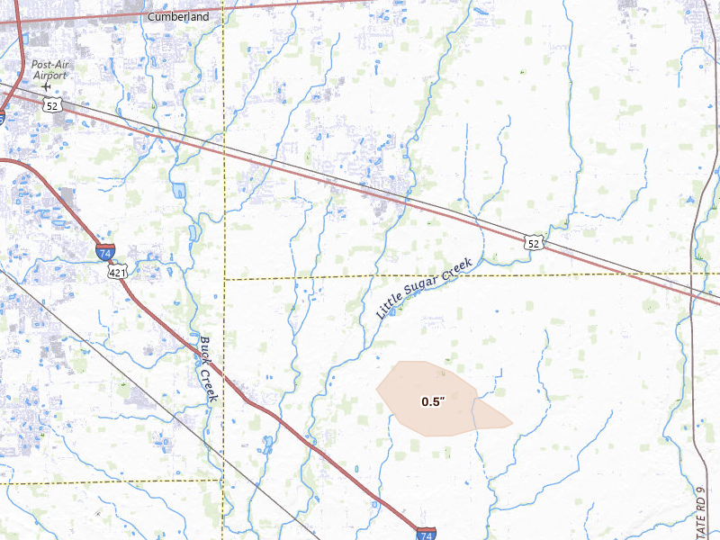 Radar-estimated hail-size map of the storm over New Palestine, IN on Sep 4, 2026