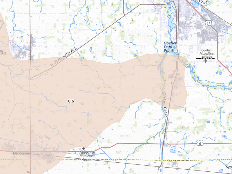 Radar-estimated hail-size map of the storm over New Paris, IN on Aug 10, 2026