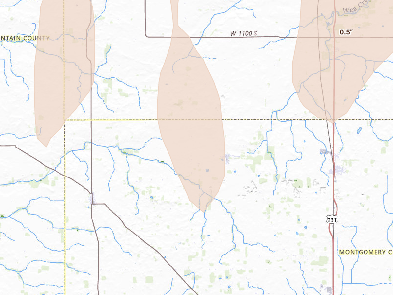 Radar-estimated hail-size map of the storm over New Richmond, IN on Apr 27, 2026