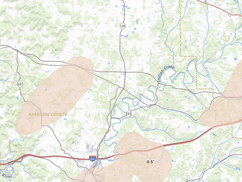 Radar-estimated hail-size map of the storm over New Salisbury, IN on May 16, 2026