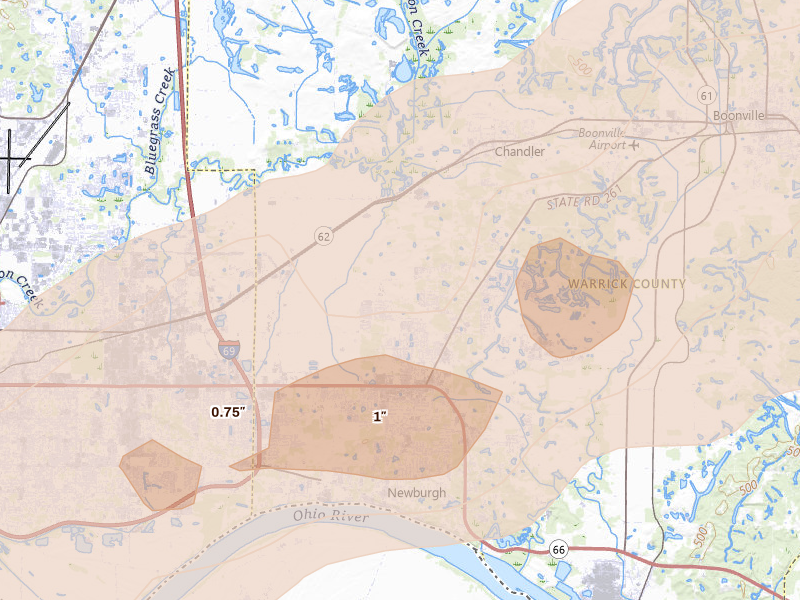 Radar-estimated hail-size map of the storm over Newburgh, IN on Apr 27, 2026