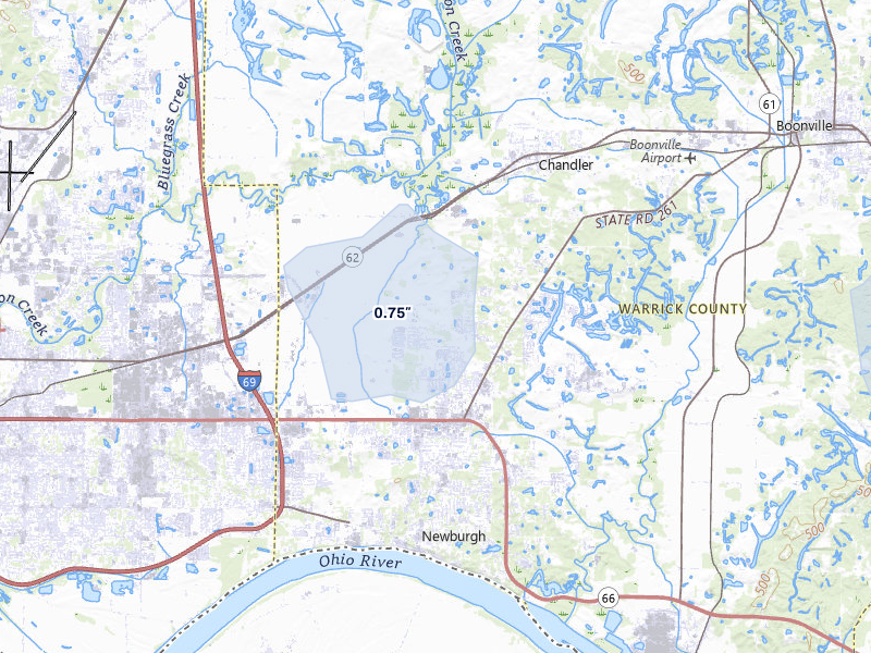 NEXRAD radar-signature map of the hail storm over Newburgh, IN on Jun 27, 2026