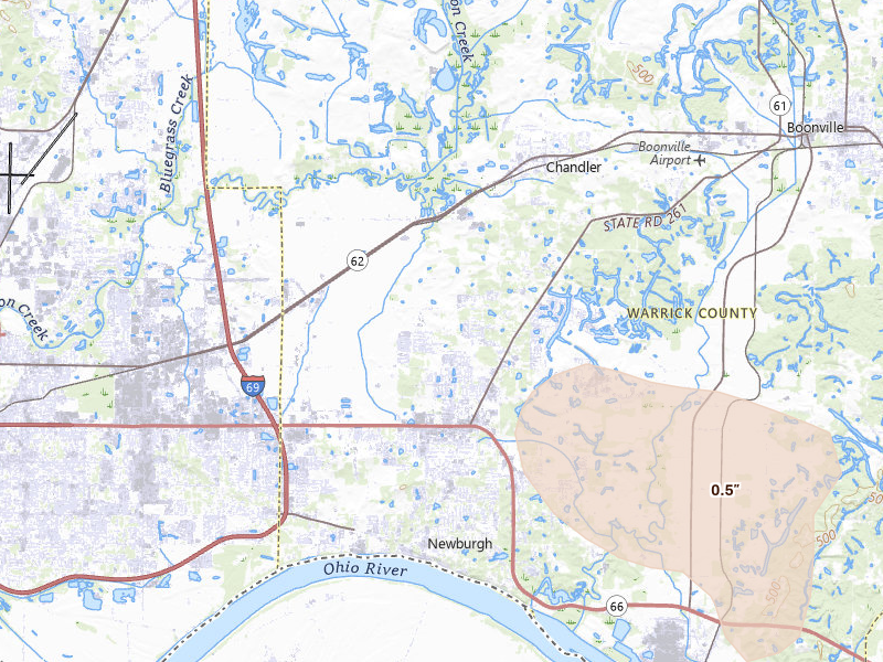 Radar-estimated hail-size map of the storm over Newburgh, IN on Jul 18, 2026