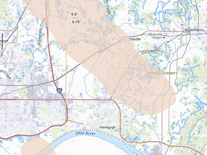 Radar-estimated hail-size map of the storm over Newburgh, IN on Jul 26, 2026