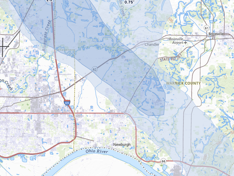 NEXRAD radar-signature map of the hail storm over Newburgh, IN on Jul 26, 2026