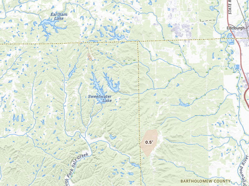 Radar-estimated hail-size map of the storm over Nineveh, IN on Aug 1, 2026