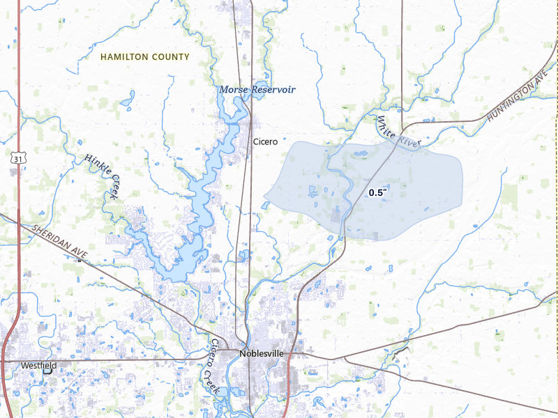 NEXRAD radar-signature map of the hail storm over Noblesville, IN on Mar 22, 2026
