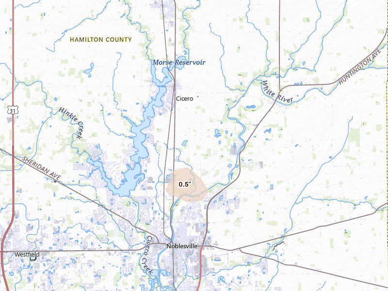 Radar-estimated hail-size map of the storm over Noblesville, IN on Jun 11, 2026
