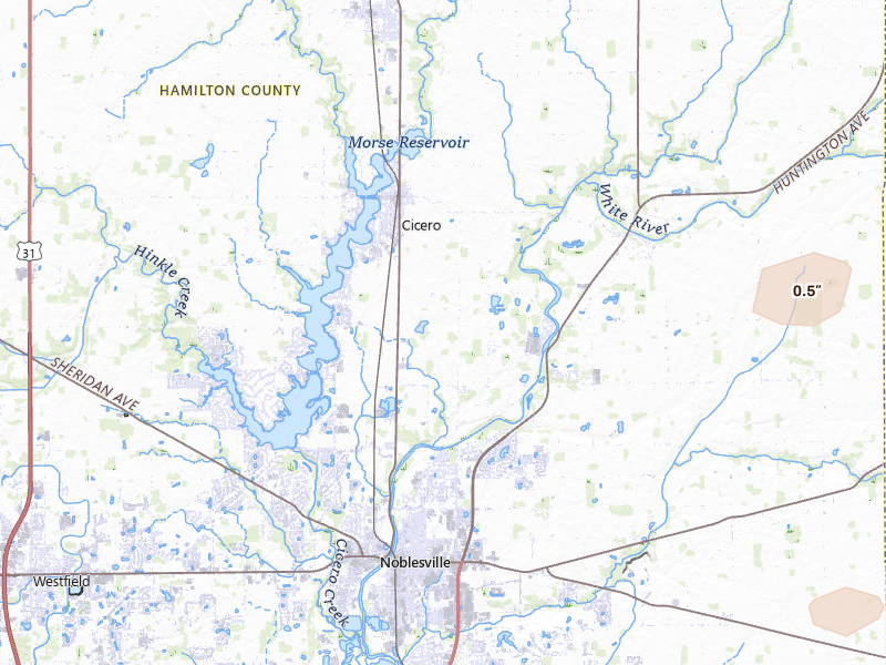 Radar-estimated hail-size map of the storm over Noblesville, IN on Jul 3, 2026