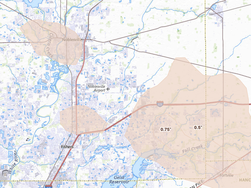 Radar-estimated hail-size map of the storm over Noblesville, IN on Aug 11, 2026