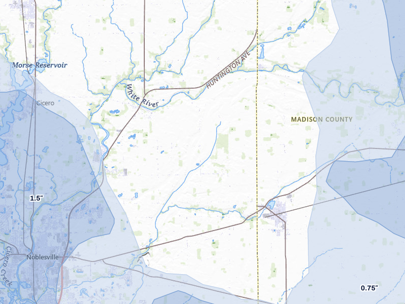 NEXRAD radar-signature map of the hail storm over Noblesville, IN on Aug 11, 2026
