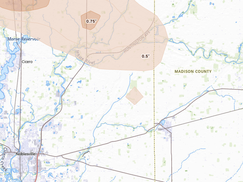 Radar-estimated hail-size map of the storm over Noblesville, IN on Aug 13, 2026
