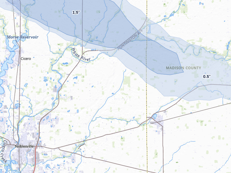 NEXRAD radar-signature map of the hail storm over Noblesville, IN on Aug 13, 2026