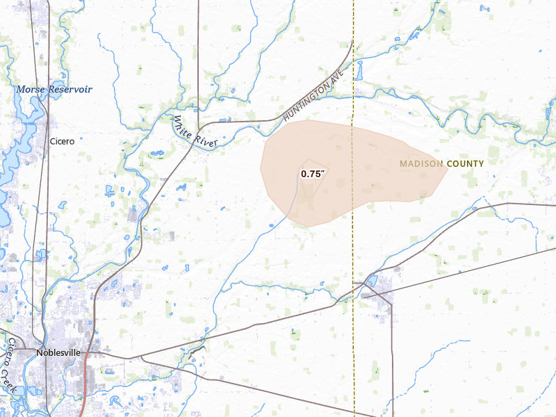 Radar-estimated hail-size map of the storm over Noblesville, IN on Aug 19, 2026