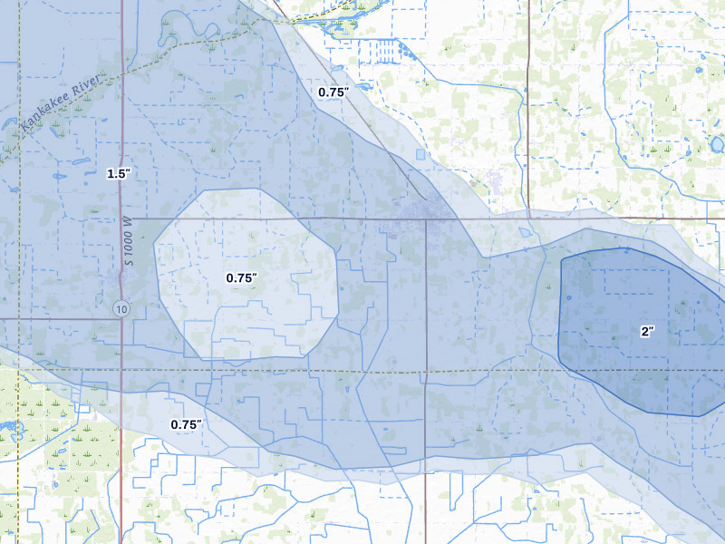 NEXRAD radar-signature map of the hail over North Judson, IN