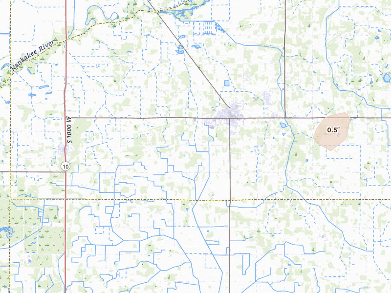 Radar-estimated hail-size map of the storm over North Judson, IN on Jul 3, 2026