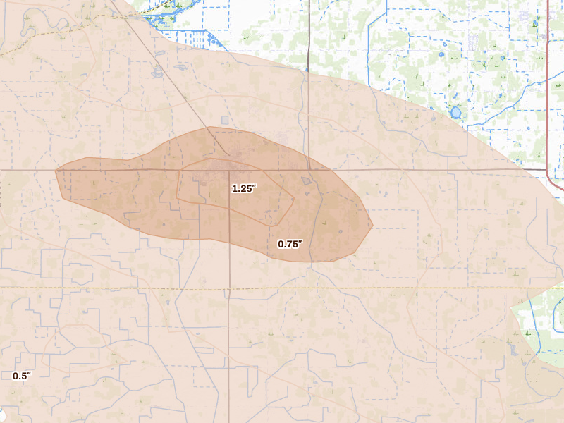 Radar-estimated hail-size map of the storm over North Judson, IN on Aug 10, 2026