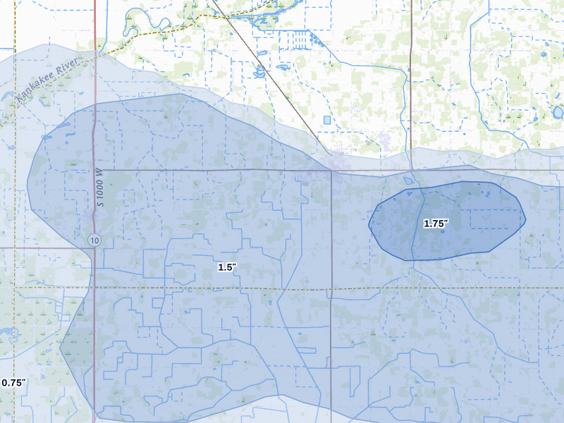 NEXRAD radar-signature map of the hail storm over North Judson, IN on Aug 10, 2026