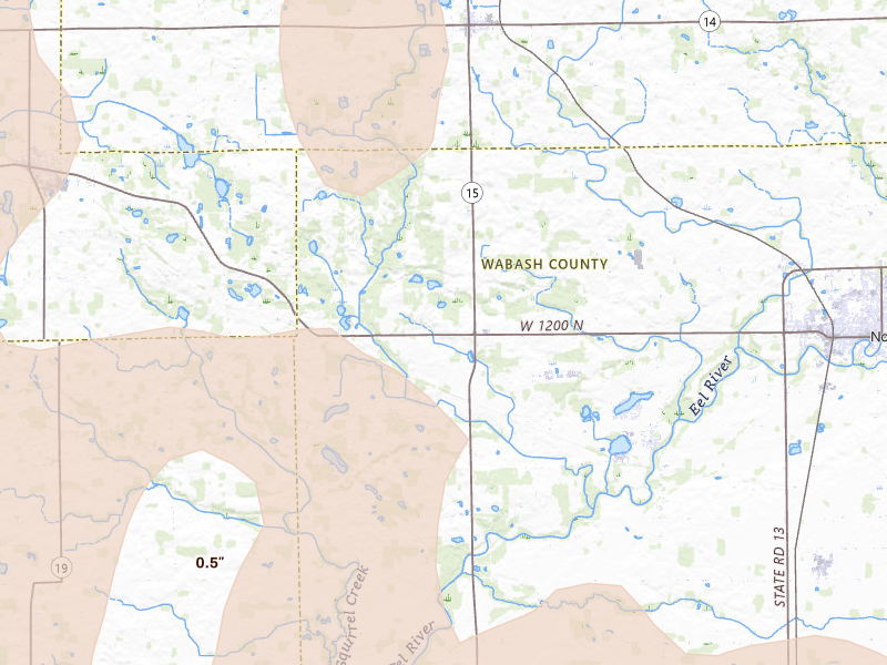 Radar-estimated hail-size map of the storm over North Manchester, IN on Mar 26, 2026