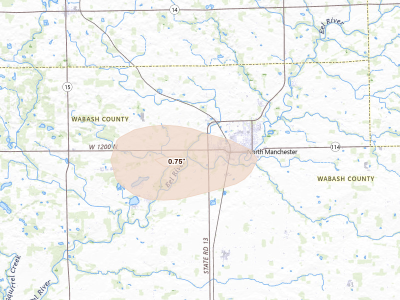 Radar-estimated hail-size map of the storm over North Manchester, IN on Apr 22, 2026