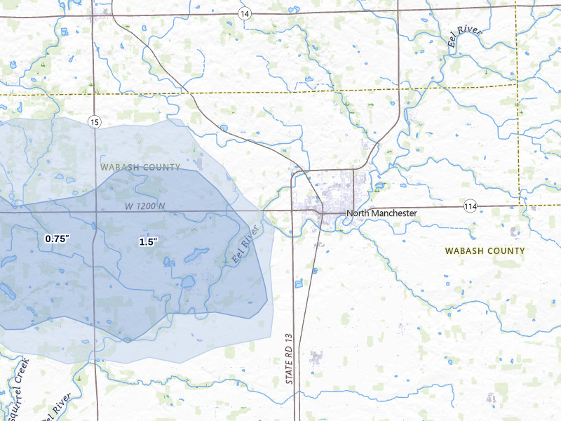 NEXRAD radar-signature map of the hail storm over North Manchester, IN on Apr 22, 2026