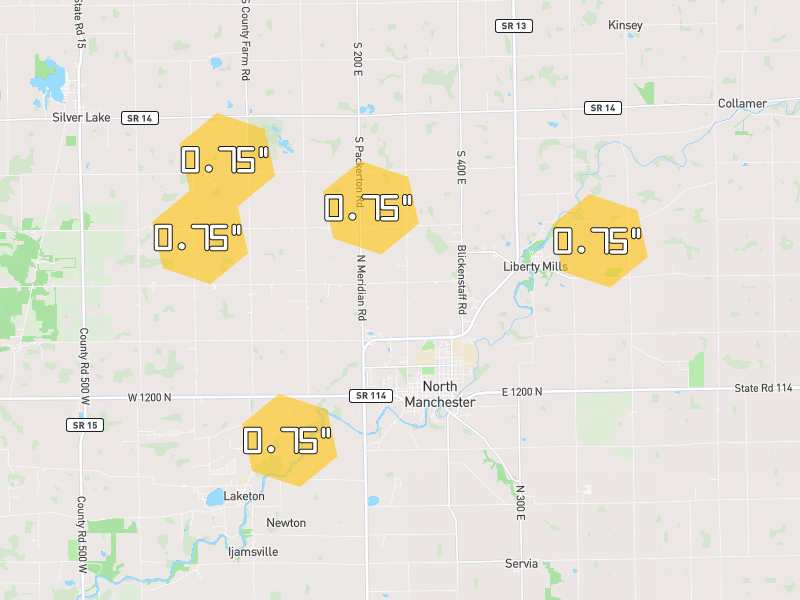 Hail map of North Manchester, IN on Jun 6, 2026, hail up to 0.75"